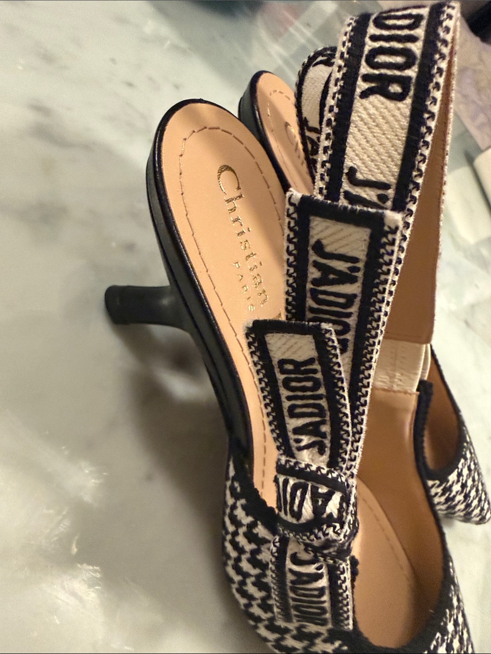 Dior Black and White Houndstooth Slingback Pumps with Logo Bow - Picture 3 of 3